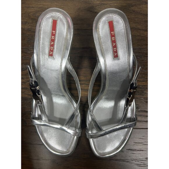PRADA VINTAGE Y2K Silver Kitten Heel Strappy Buckle Accent Sz 37 US Sz 7 - Picture 5 of 11
